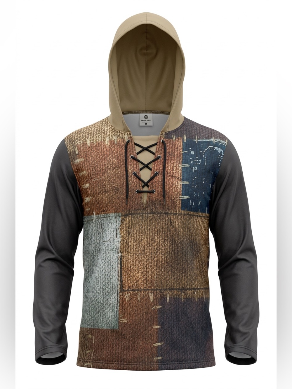 Men's Lightweight Hoodie Lace-Up Printed Patchwork Pullover Brown/Tan Size XXL